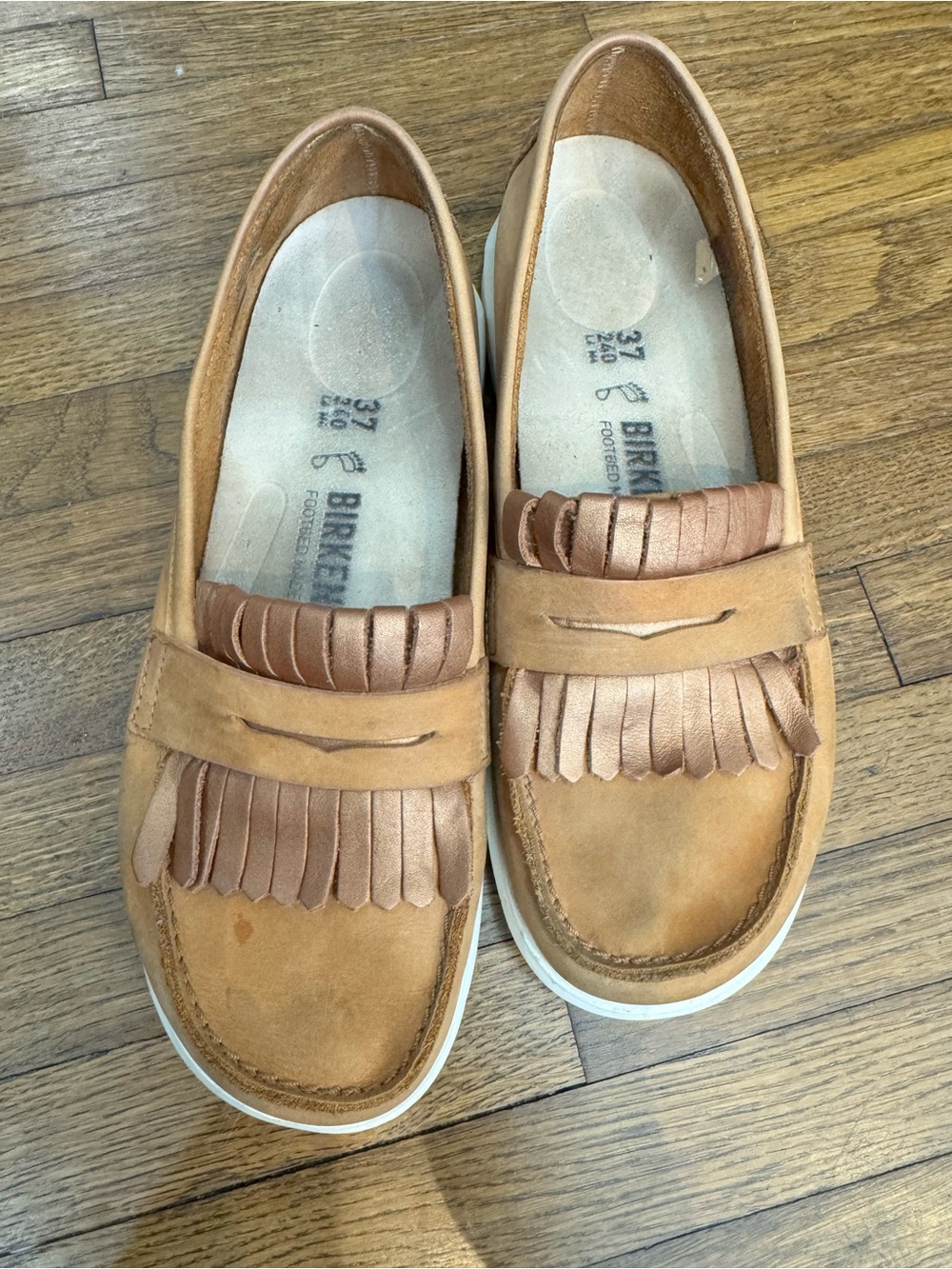 Birkenstock Saitama Moccasins Womens 6 Size 37 Leather Tassle Taupe Tan Slip On